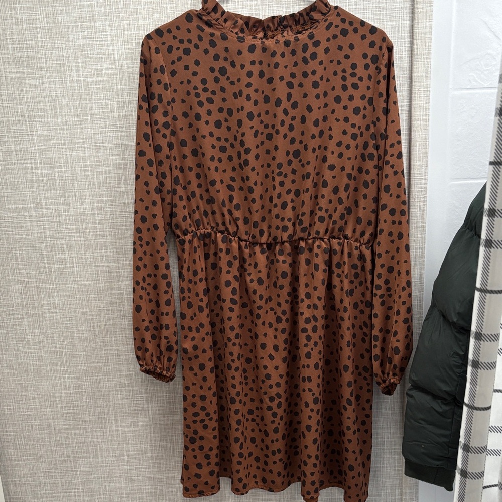 SHEIN Brown and Black Polka Dot Long Sleeve Dress